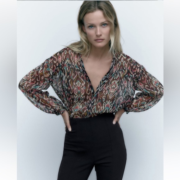 ZARA PRINTED SHIRT WITH METALLIC THREAD SIZE M NWT - Picture 4 of 7